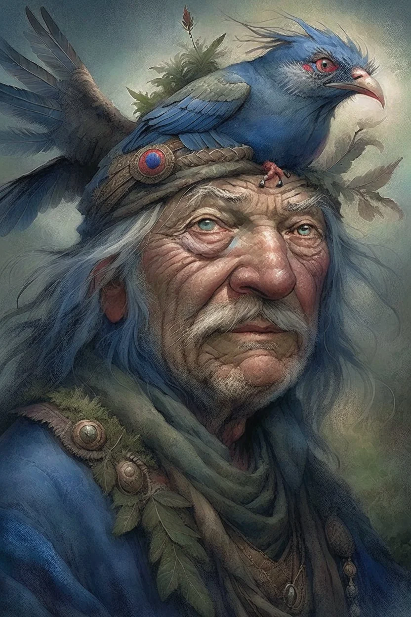 a painting of an old man with a bird on his head, a character portrait by Wendy Froud, cgsociety, fantasy art, storybook illustration, grotesque, detailed painting