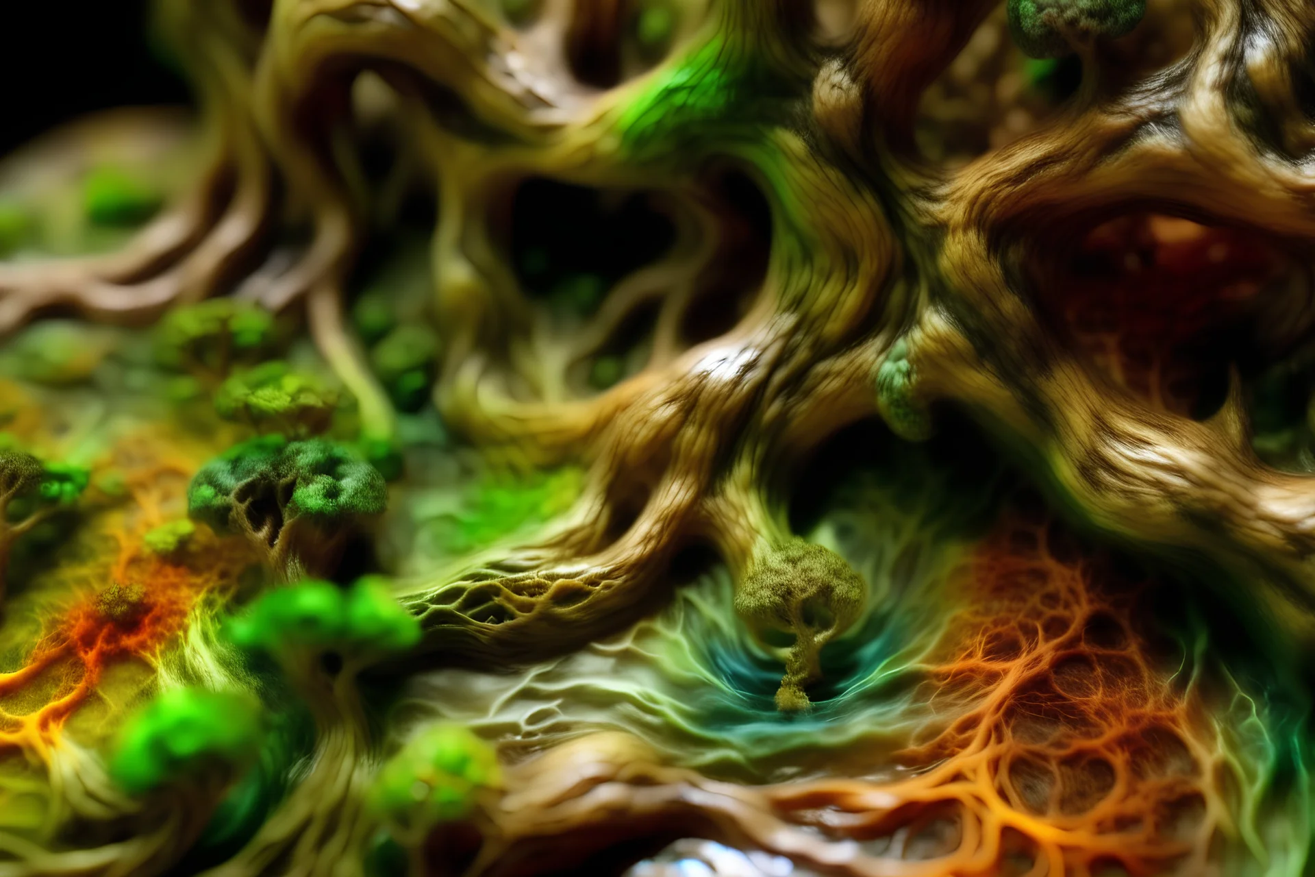 extreme close up of a crazy extreme resin diorama of a extreme resin of a extreme resin of a fractal tree with swirling branches in the middle of a field fractal swirling paint