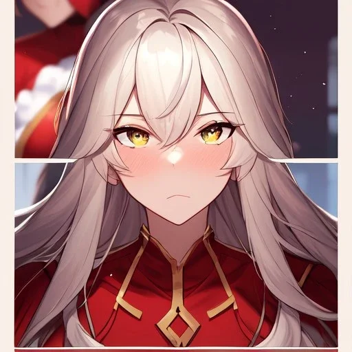 Clear focus,8k,Beatiful Lighting,Beatiful Blur,Beatiful Face,Beatiful Shading,Amber long hair,fluffy hair, long fluffy bangs, Cyan eyes, wearing a red ninja outfit for girls, Extreme Close Up