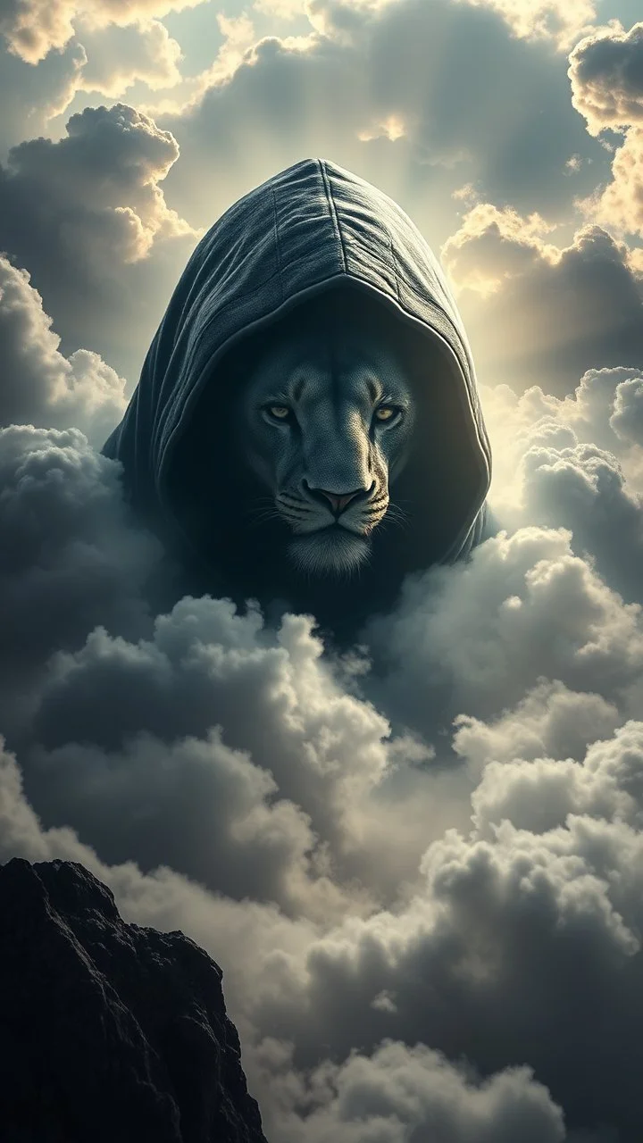 Portrait of a hooded alien above swirling clouds, emerges from the heart of a raging storm. Turbulent winds of steam swirl around the iconic structure, lit by shafts of sunlight that cast dramatic shadows lion hovering by over the clouds, another high planet waiting to collapse with planet earth , High quality 16k cinematic scene and great photography