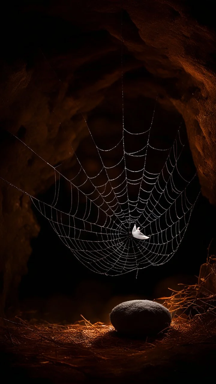 A very fine spider web in front of a dark cave entrance a dove laying in the nest ,unsplash photography, BOKEH shot style of time-lapse photography, fujifilm provia 400x, 100mm lens, luminous shadows, renaissance-inspired , home and garden, wildlife nature photography, HDRI. A nest in front of the spider web with a dove laying in it