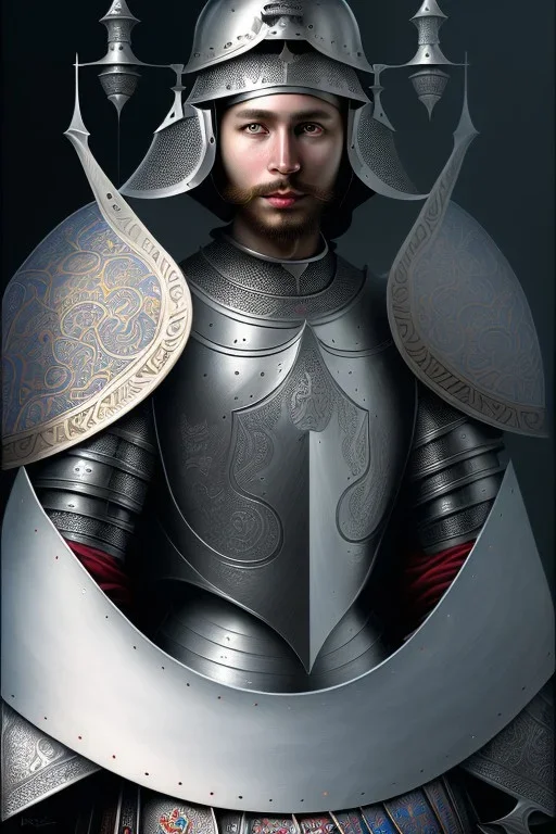 Sango fantasy, fantasy magic, intricate, sharp focus, illustration, highly detailed, digital painting, concept art, matte, art germ and Paul Lewin and Kehinde Wiley, Medieval Arab knight, wearing a silver helmet engraved with Arabic motifs, black eye, chin