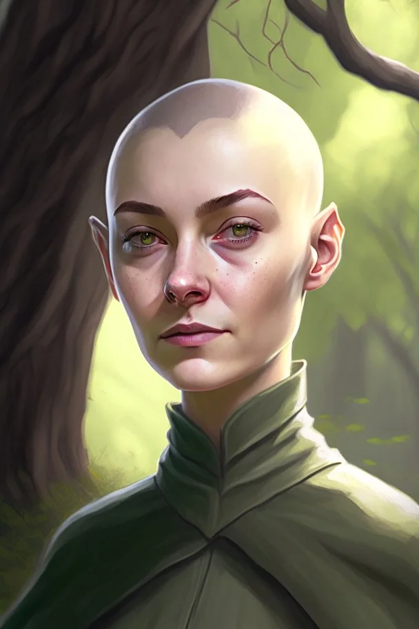 full color portrait drawing, portrait, fantasy setting, 22-year old female human cleric, shaved head, light eyebrows, grey eyes, background yew tree