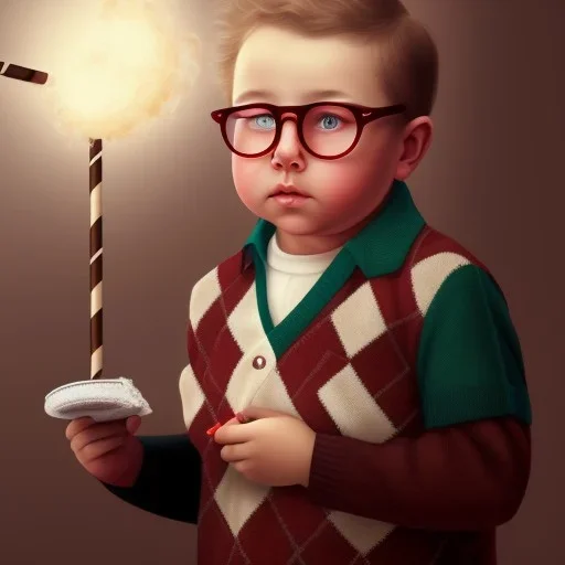 Peter billingsley chubby kid glasses, Holding a dark red bar of soap in his hand, brown argyle sweater