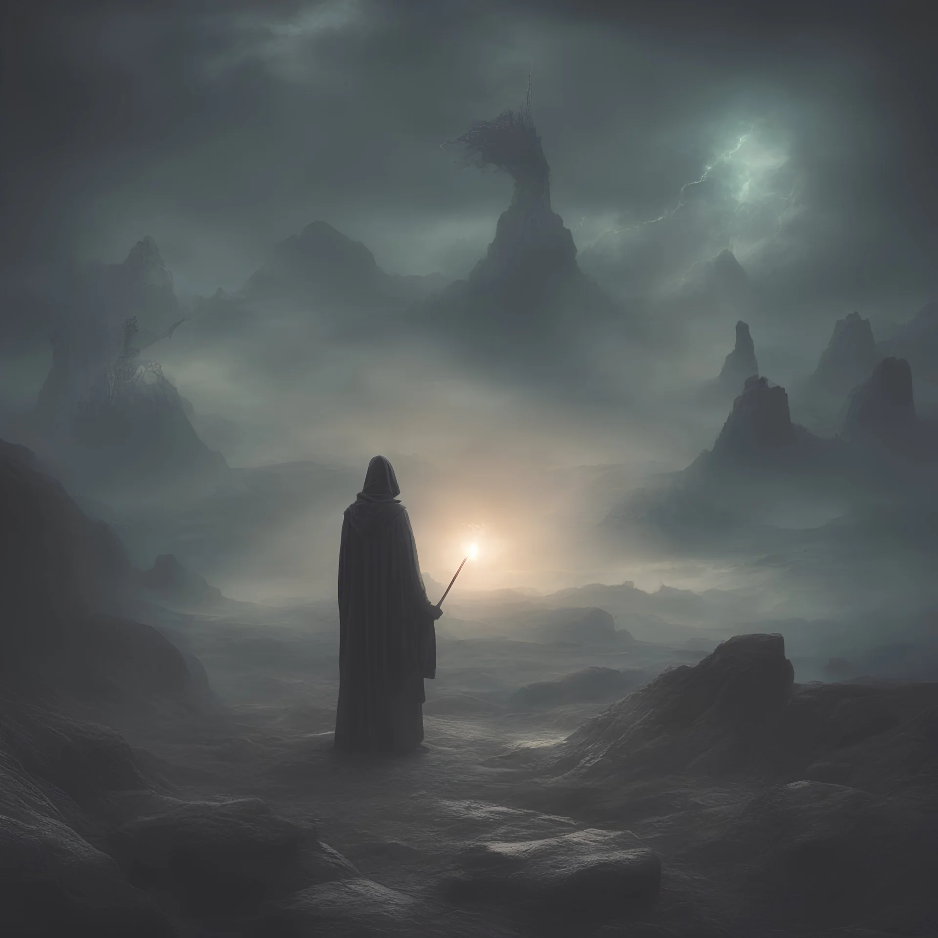 Dark oriental Sinister alien landscape. A city in the distance. Dark mist. Dark hooded Man with The powers of a god holding a glowing wand.