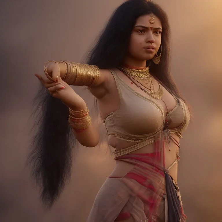 wonderful fat brazilian woman, wearing indian clothes, long black hair, 4k, many details, very realistic, fog particles,