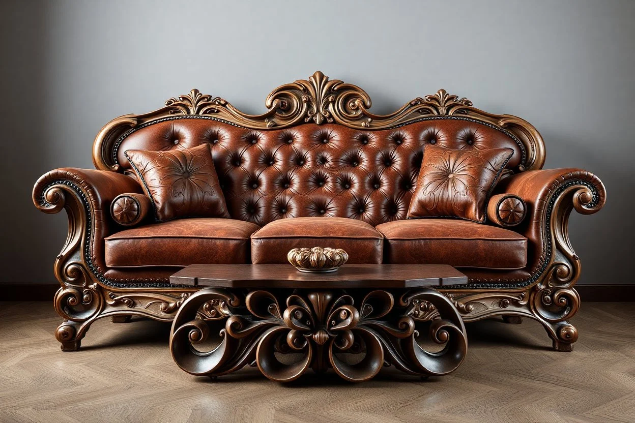 image of a Royal sofa with 3d fractal base decoration made of good wood no background
