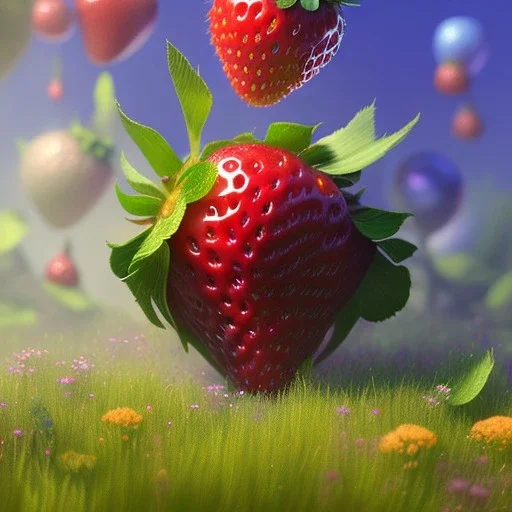 pixar style, volumetric summer garden environment and background, volumetric lighting, dramatic lighting, realistic painting of an strawberry, looking excited, detailed digital painting, extreme dense and fine fur, anime, ornate, colour-washed colors, elegant, small minutiae, tiny features, particulars, centered, smooth, sharp focus, renderman gofur render, 8k, uhd, detailed eyes, realistic shaded volumetric lighting, sunlight caustics, backlight, centered camera view, little blue bird standing