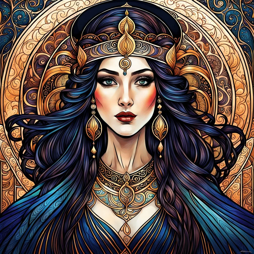 create an ethereal, darkly magical art nouveau illustration of an epic female Andalusian sorceress with highly detailed and deeply cut facial features, in the style of GUSTAV KLIMT , ALPHONSE MUCHA , and CHARLES RENNIE MACKINTOSH, combined with searing lines and forceful strokes, precisely drawn, boldly inked, and darkly colored