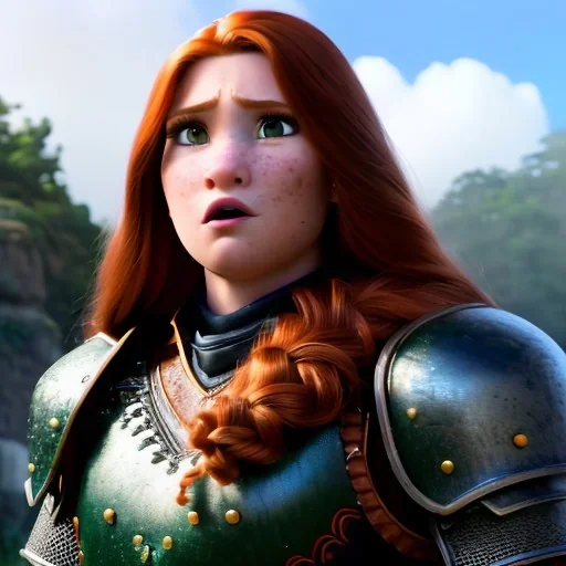 hyper realist, hyper detailed, stunningly beautiful teen girl, long ginger hair, green eyes, medium freckles, full lips, skimpy fantasy intricate leather armour, full body and head, c-cup breasts, shocked expression, centred camera, full frame, petite, centered camera