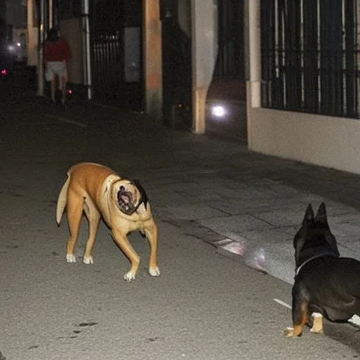 At midnight, a big and brutal dog in the sidewalk is barking toward strangers in the street. Some cars run fast on the road.