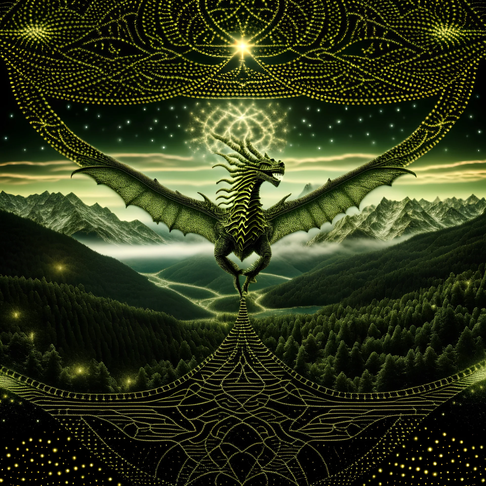 image framed with a thin border of celtic designs, story book cover format, A winged celestial dragon in flight above a forested mountain, against a background of brilliantly glittering stars, hd 4k, fine sharp detail