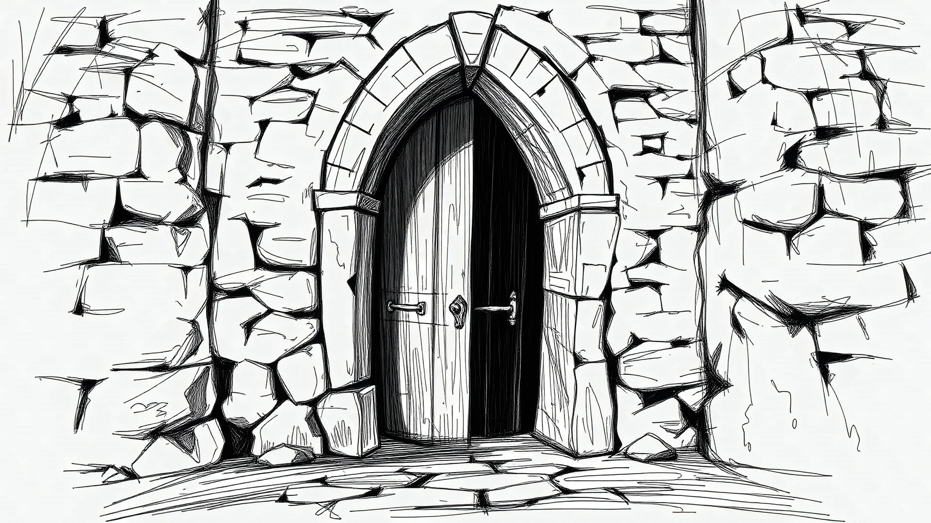 Sketch a rustic style scary dark locked door entrance in an old castle