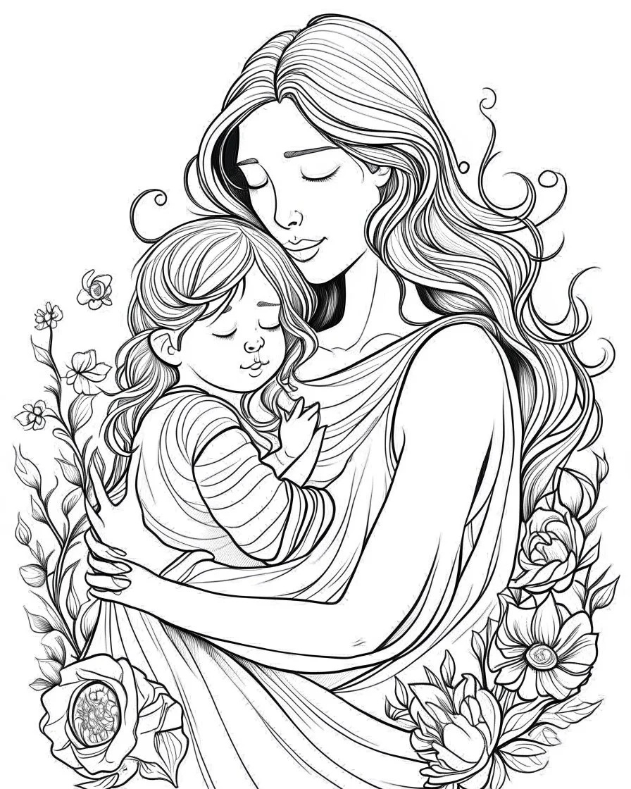 real mother coloring pages, no black color, no no flower, b/w outline art for kids coloring book page, Kids coloring pages, full white, kids style, white background, whole body, Sketch style, full body (((((white background))))), only use the outline., cartoon style, line art, coloring book, clean line art, white background, Sketch style