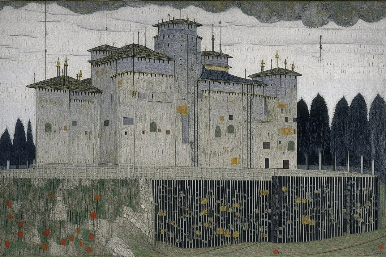 A gray fortress with spikes painted by Gustav Klimt