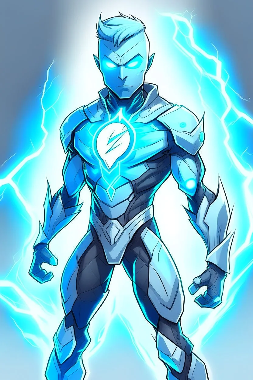 a drawing character that can control lighting and hes a superhero, hes kinda see through , and has a grey skin tone, and has a GYATT he has lightning surrounding him very fast, hes soft with a sick suit and logo