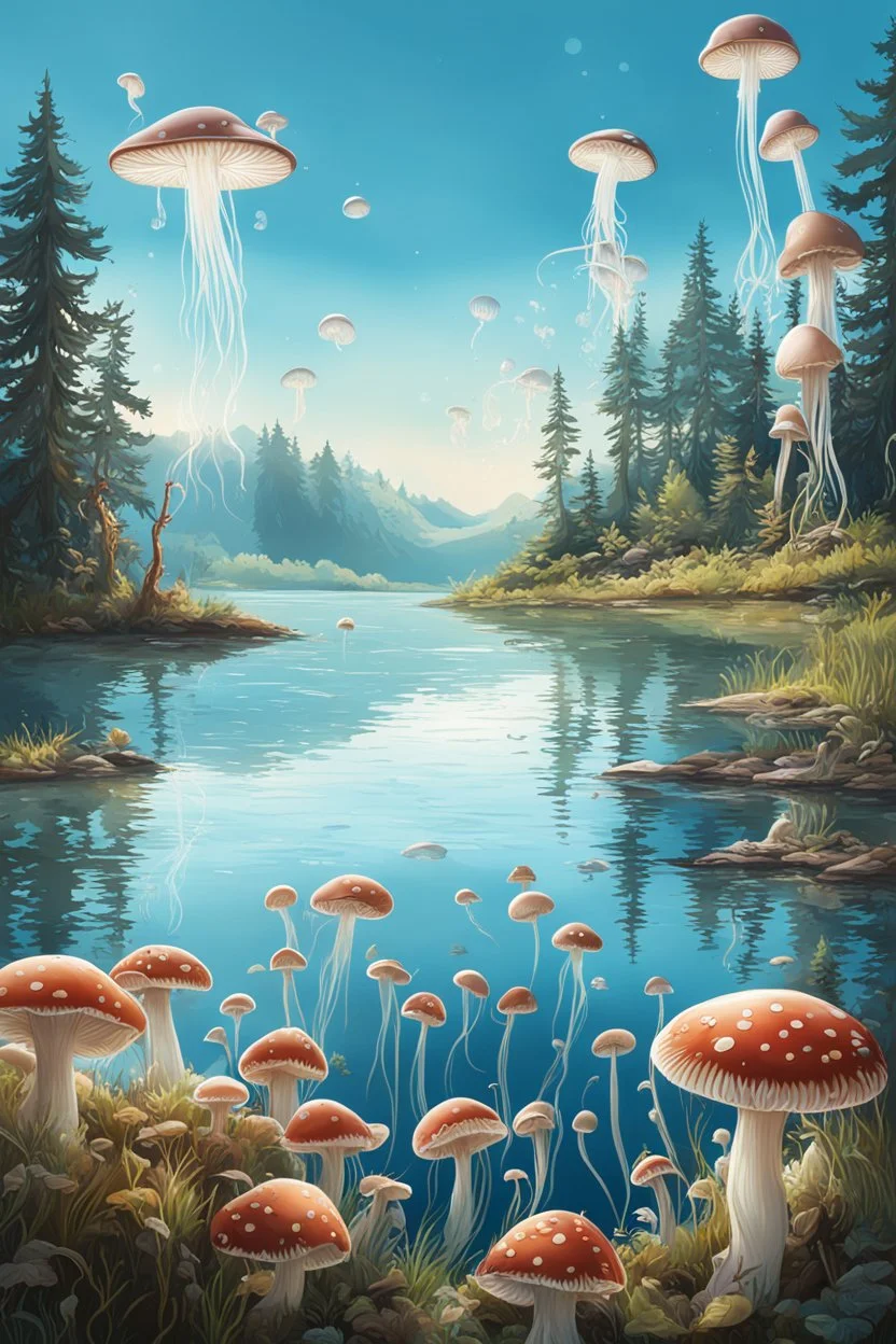 Landscape scene across a lake with mushrooms with jellyfish tentacles floating through a light blue clear sky