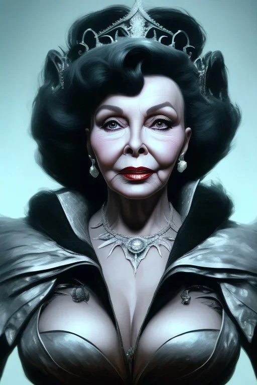 Joan Collins as evil queen in black leather, leather, busty, cleavage, angry, stern look. character design by cory loftis, fenghua zhong, ryohei hase, ismail inceoglu and ruan jia. unreal engine 5, artistic lighting, highly detailed, photorealistic, fantasy