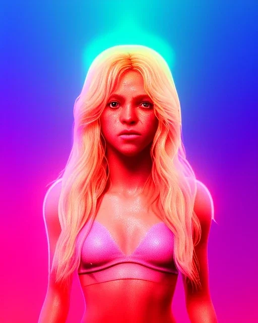 portrait, Shakira, blonde artist, Realistic image, drinking a strawberry milkshake, pink line make-up, sweat, fog, goddess style, Neon colors, leds. Color background, photo studio, concept art, smooth, unreal engine 5, god lights, ray tracing, RTX, lumen lighting, ultra detail, volumetric lighting, 3d, finely drawn, high definition, 4k.