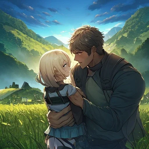 Boy cradling wounded girl, field and hills background