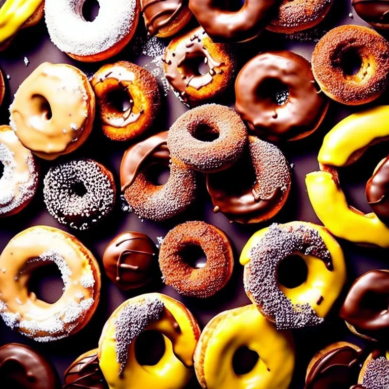 donuts landscape, realistic, warm colors, chocolate, sugar