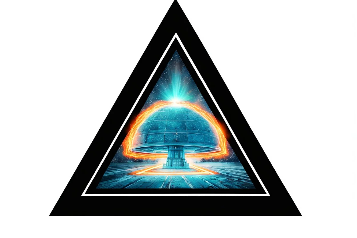 a nuclear explosion cloud, behind an orange glowing omega like shape, all inside an equilateral triangle, like a doorway to a different world, radiant lines, digital painting