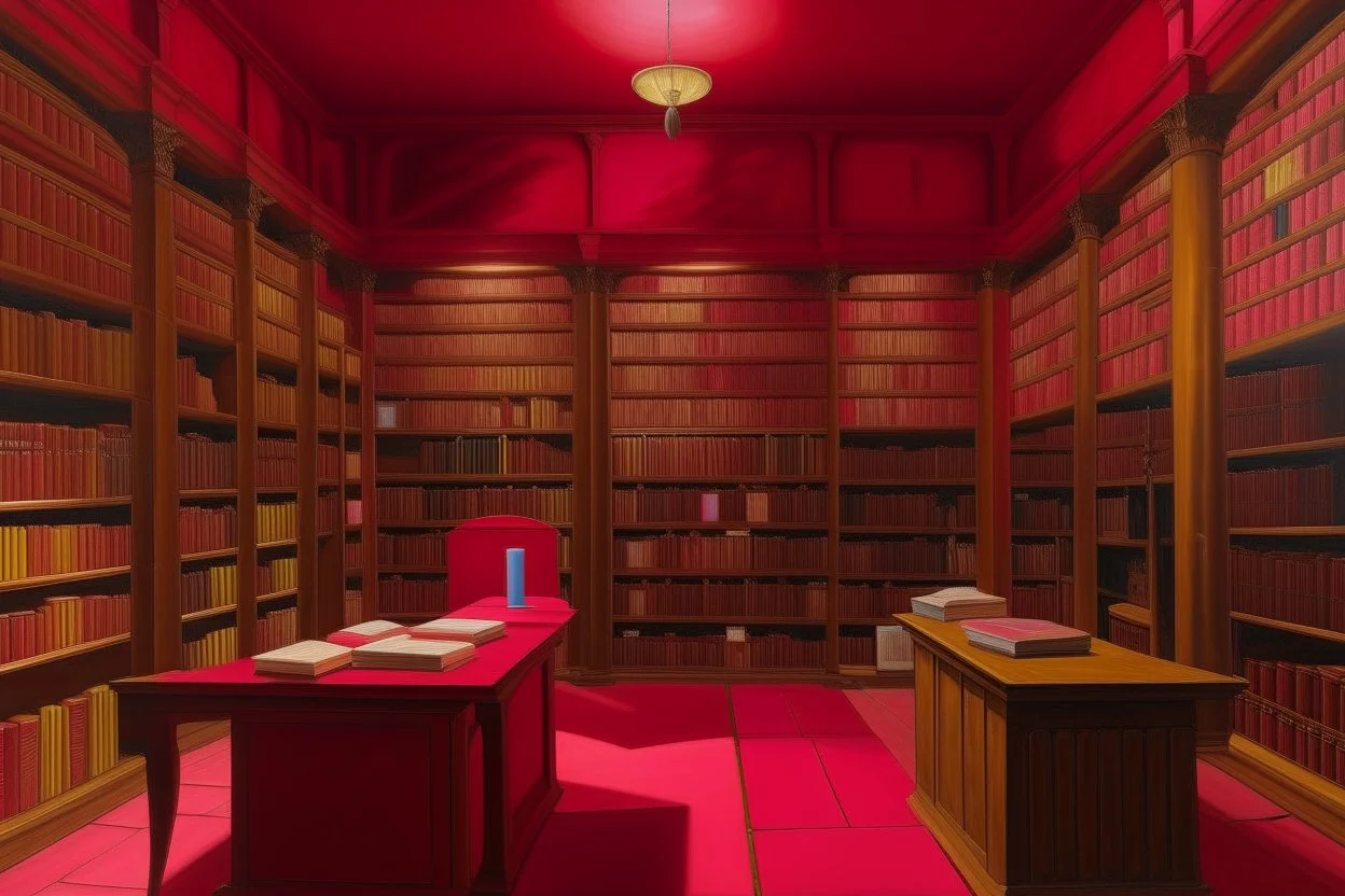 A reddish magenta library with spell casting books painted by John Brack