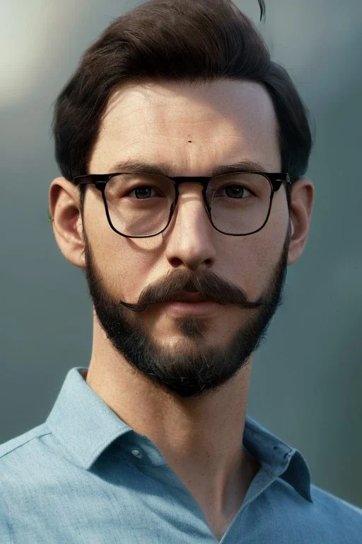 boy navi, young, glasses, beard, brown hair, brown eyes, medium hair, bangs side part, head and shoulders portrait, head and shoulders portrait, 8k resolution concept art portrait by Greg Rutkowski,