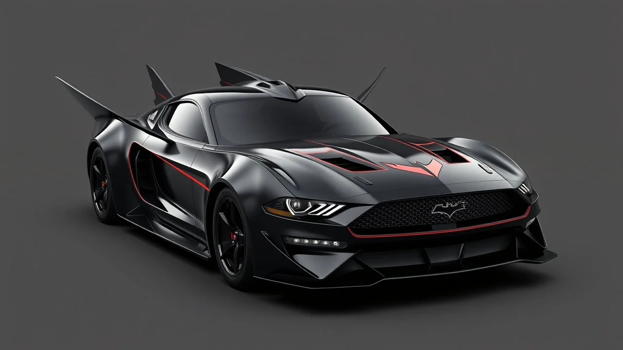 batmobile concept inspired from a 2025 ford mustang dark horse with a large elaborate spoiler and batman symbol style fins, batman symbol in grille, lower wind deflector. red stripes like 1960s adam west batmobile