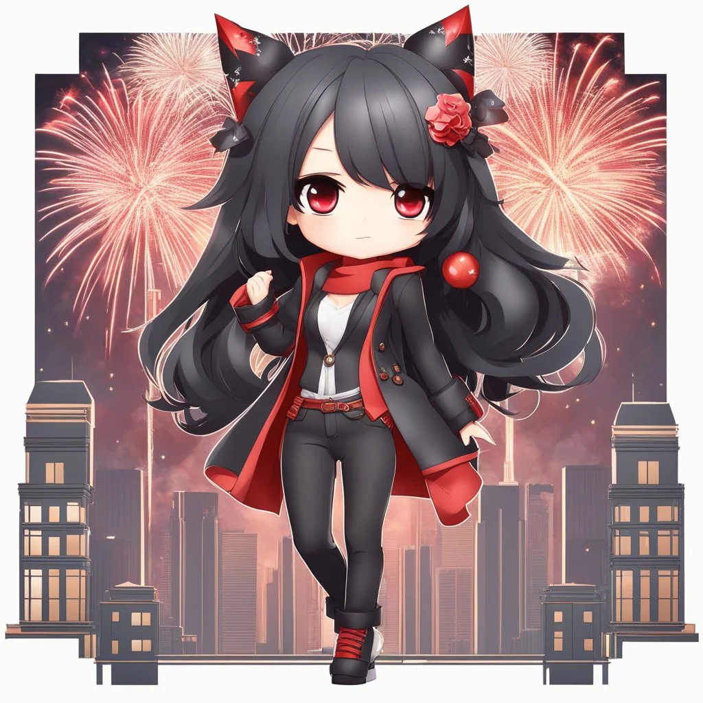 full body chibi woman with long dark brown hair, red eyes, modern clothes, black pants, bad girl vibe, New Years themed, fireworks, intricately detailed, masterpiece, anime chibi doll, 3d