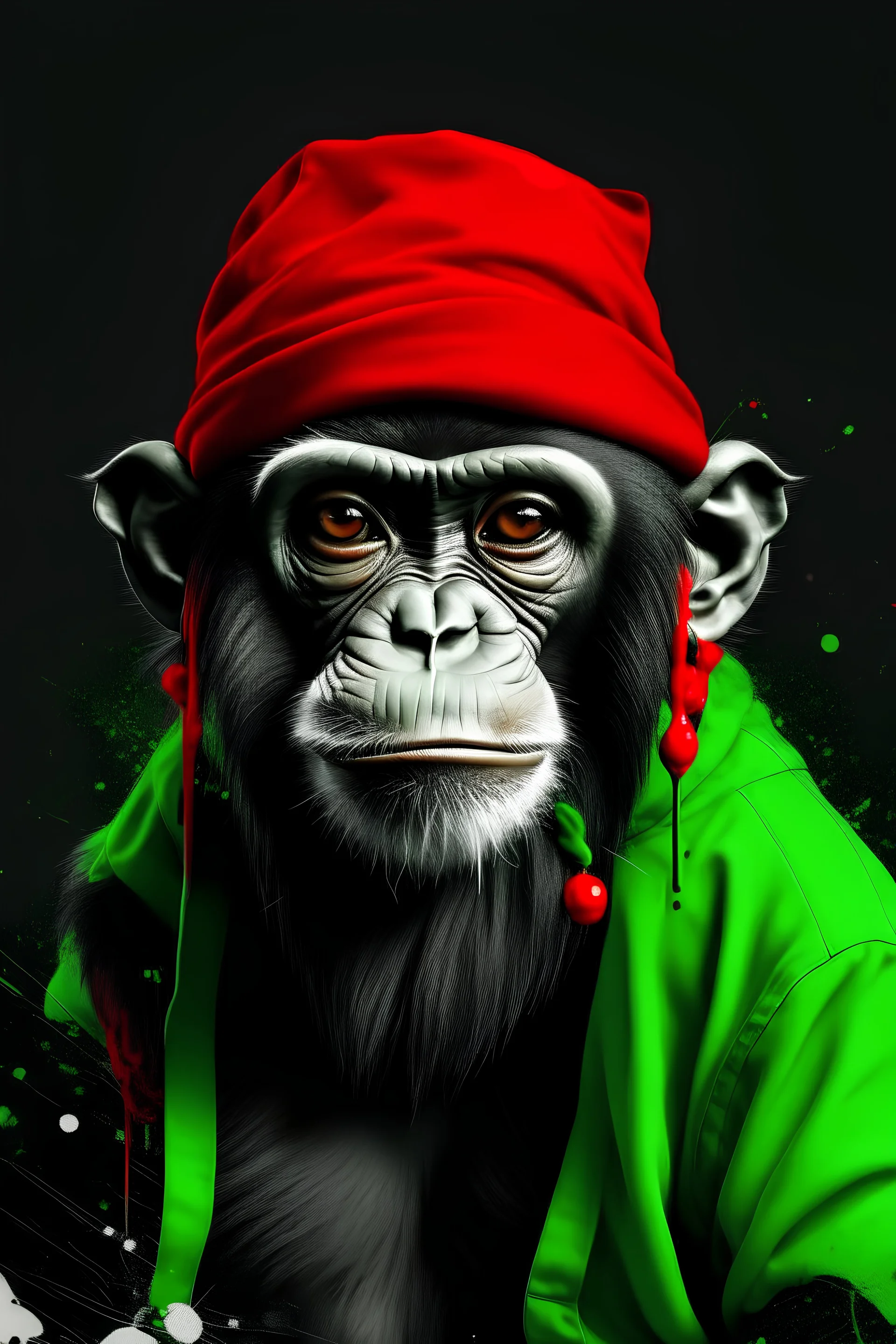 لوحة فنية الكترونية لقرد يرتدي تيشرت ابيض و اسود ويرتدي نضارة حمراء وقبعة خضراء
