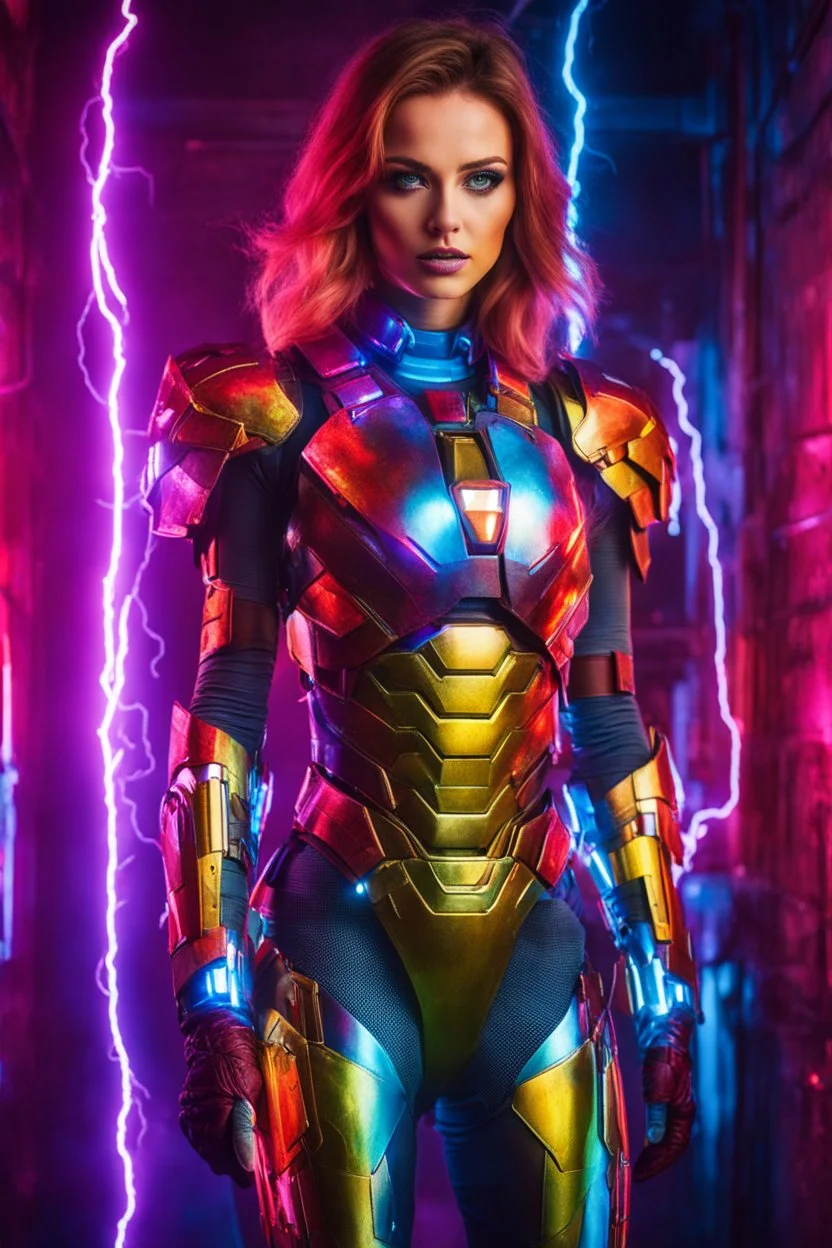 Exciting photography super model Russian Beautiful woman dressing futuristic iron man armor, colors lighting, extreme neons colors lightning, surrounded by colors electricity