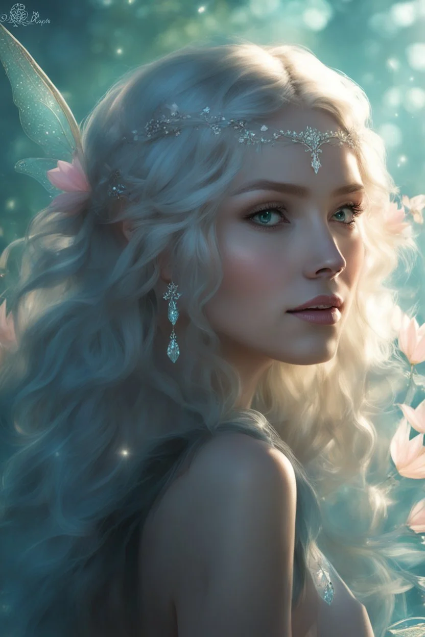 Pink flower crown,Pointed elven ears,Blonde hair ,Pink dress,Sparkling fairy wings,Very long golden hair,Fairy crown,pointed ears,elven ears,fairy wings,water lilies,sparkling,glittering,flowers,blossoms,golden crown,light pink dress