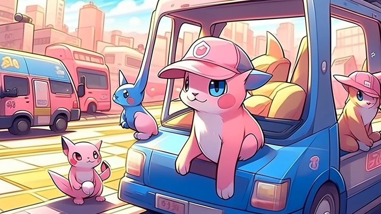 High quality medium shot of the pokemon Mew sitting in a minivan, city, baseball cap, pokemon, cute