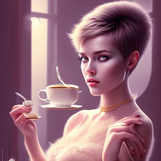 fantasy art, movie poster, sexy short haired woman with cute eyes enjoying tea by the mirror