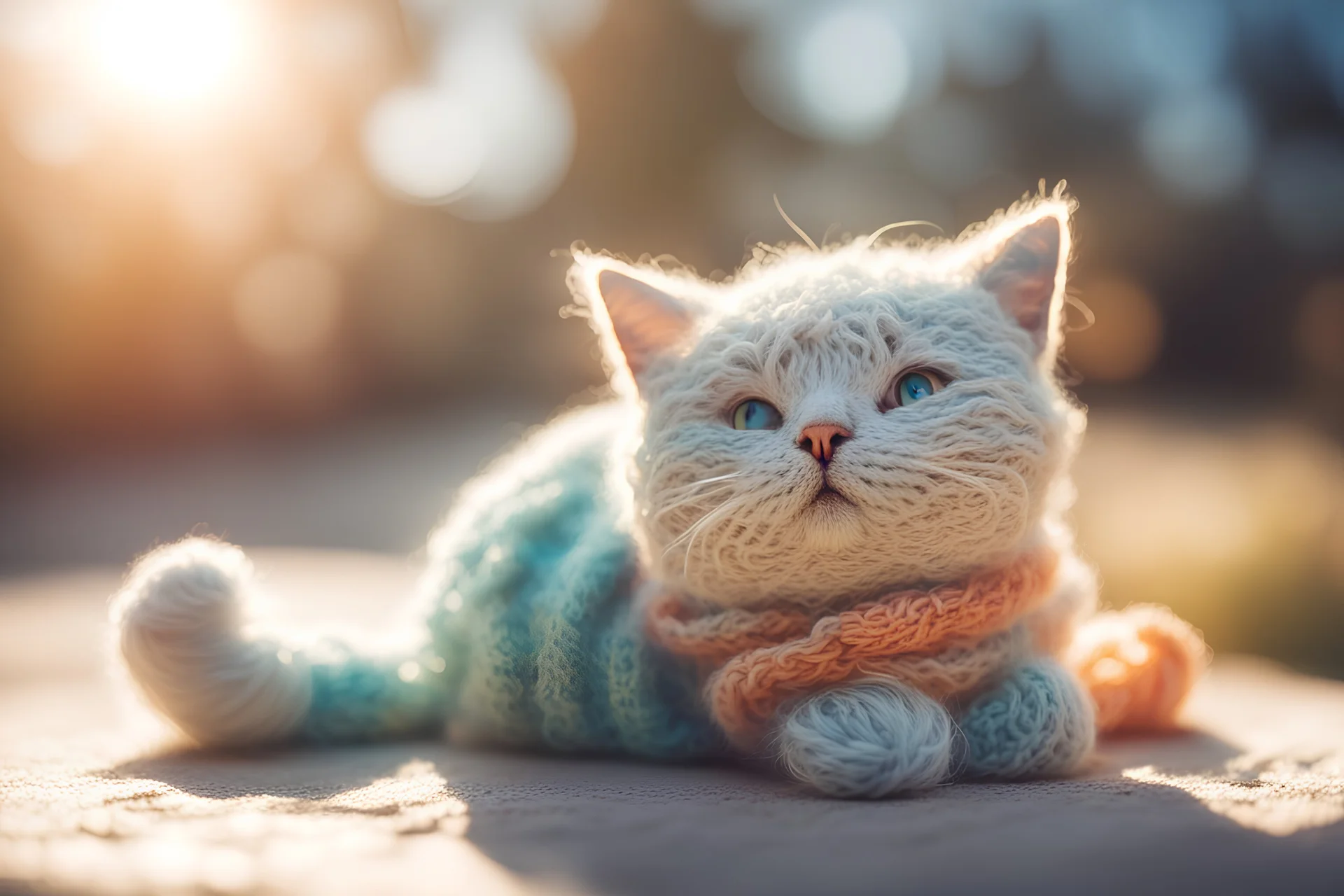 knitted cat in sunshine, ethereal, cinematic postprocessing, bokeh, dof