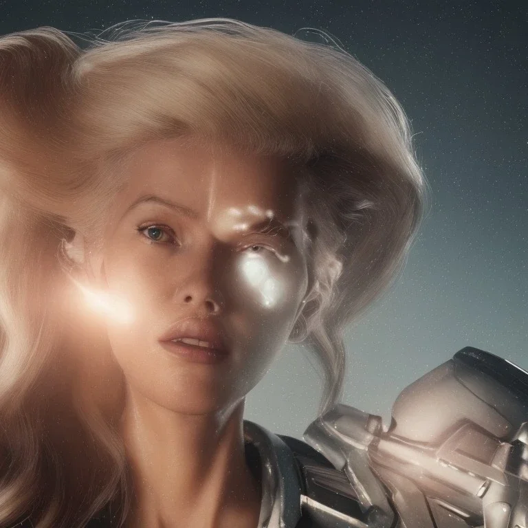 Ultra Realistic retro sci-fi movie scene, waist up view portrait, blonde woman pointing a gun, sweet young Claudia Schiffer face, perfect iris, glow eyes, makeup, weapon. Drones background, Retro sci-fi style, helmet, tight latex coat, fog, rain, soft color, highly detailed, unreal engine 5, ray tracing, RTX, lumen lighting, ultra detail, volumetric lighting, 3d, finely drawn, high definition, high resolution.