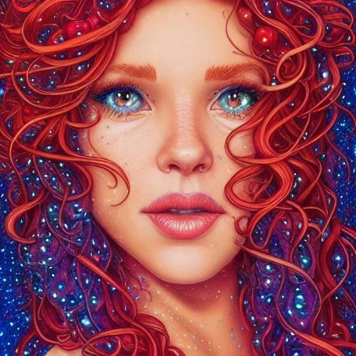 Robyn Lively, her striking perfectly detailed clear eyes, her perfect, precisely detailed lightly freckled face, meticulously detailed long curly multi-hued ginger carrot cherry fire red hair, luminous colorful sparkles; by james r. eads, gawki, rajewel, tania rivilis, dan mumford, lisa frank, artgerm, greg rutkowski, alphonse mucha and william-adolphe bouguereau; glitter, airbrush, octane render, volumetric lighting, 16k, photorealistic digital painting, artstation, smooth, sharp focus