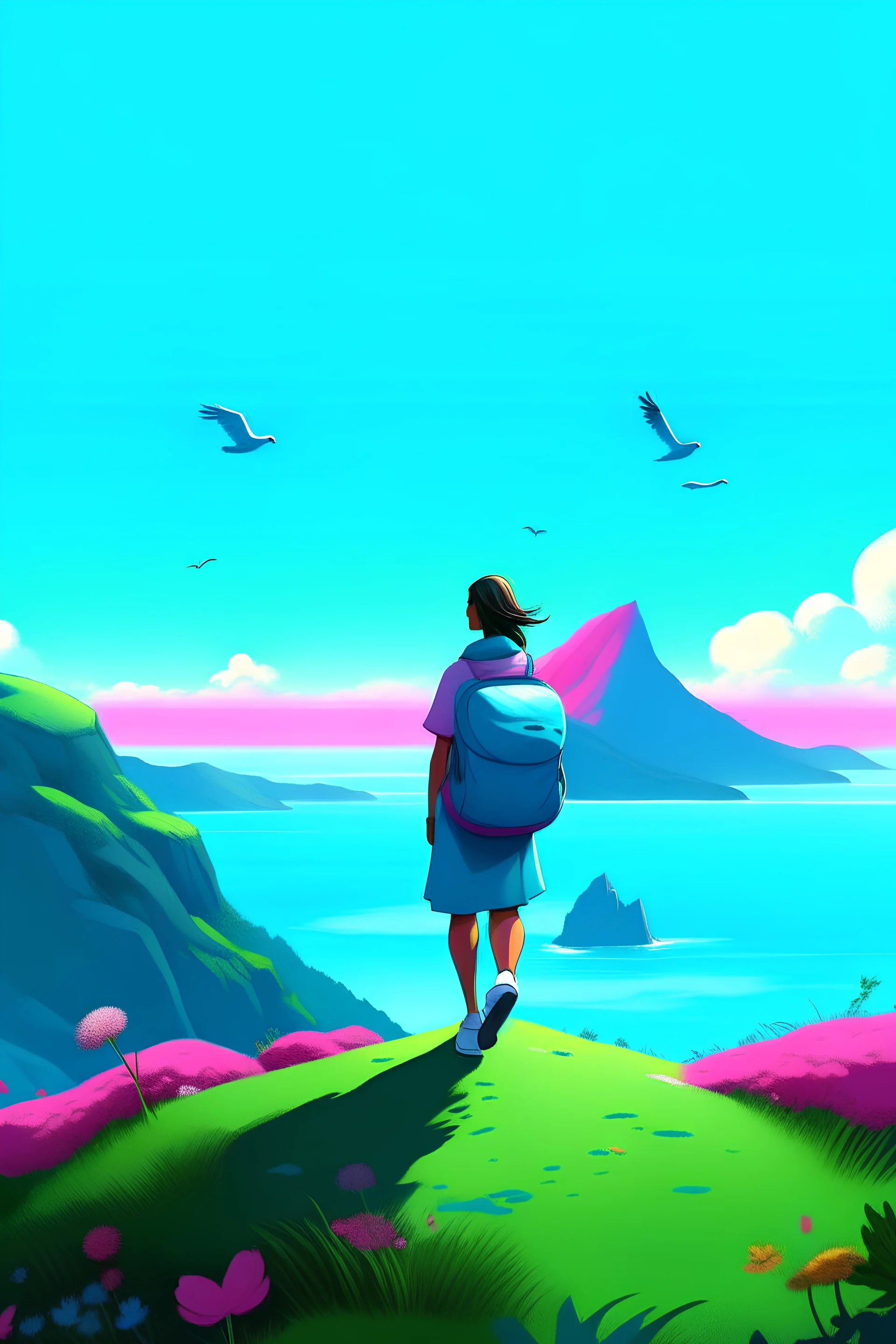 A woman in a landscape with mountains and sea. He's on his back, looking out to sea. She's looking for herself. The day is very lonely, there are some birds and flowers. He carries a backpack and a cell phone in his hand. Image shades: blue, white, green, pink,