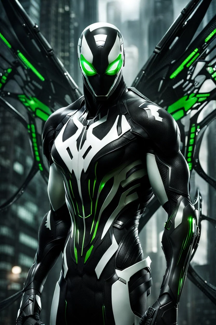 Cyborg symbiote, white color, green color, tendrils, high tech, cyberpunk, biopunk, membrane wings, carbon fiber, cyber tentacles, and the other two.