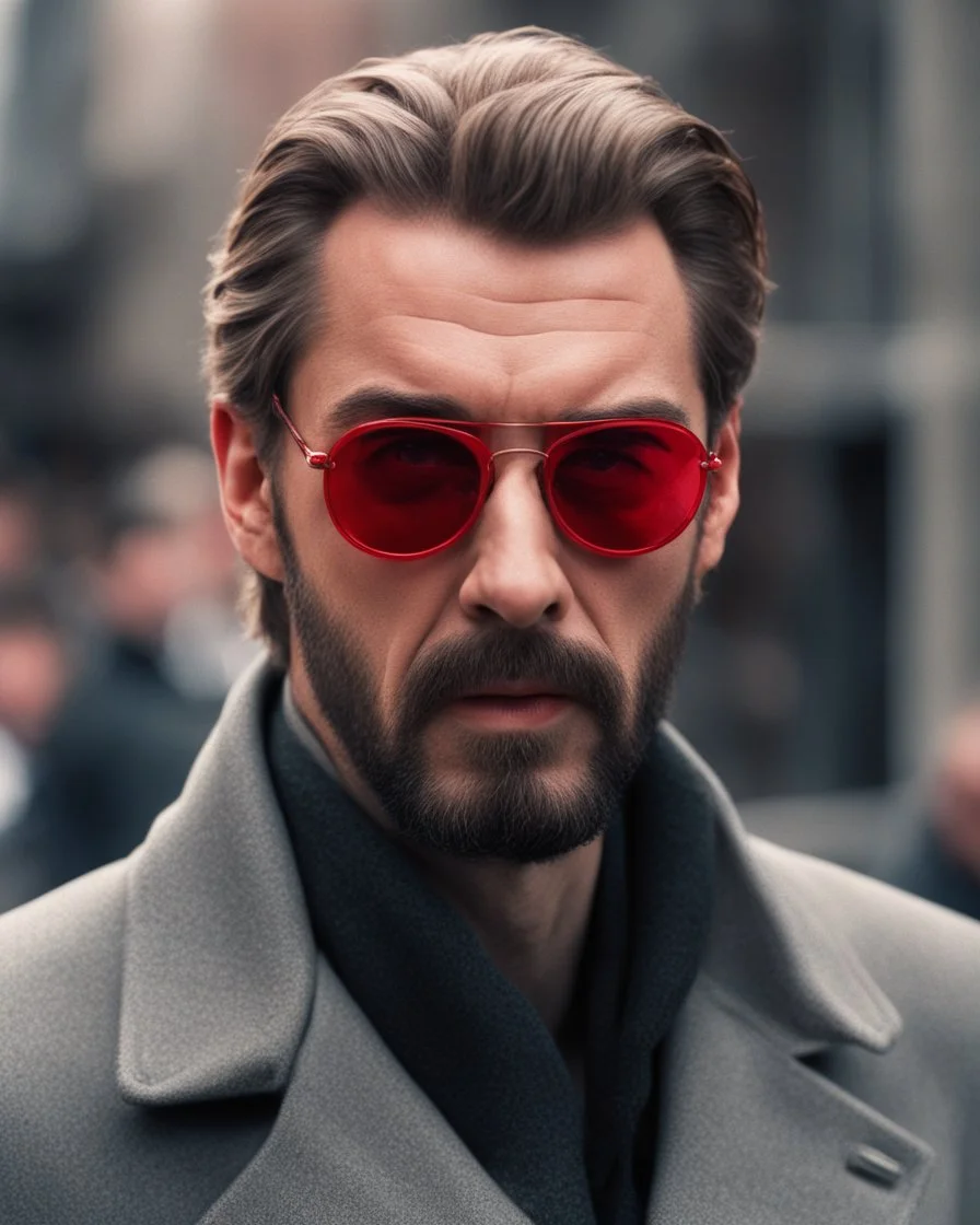 a young man who looks like hans gruber wearing a heavy coat and red sunglasses staring with an irritated look on his face