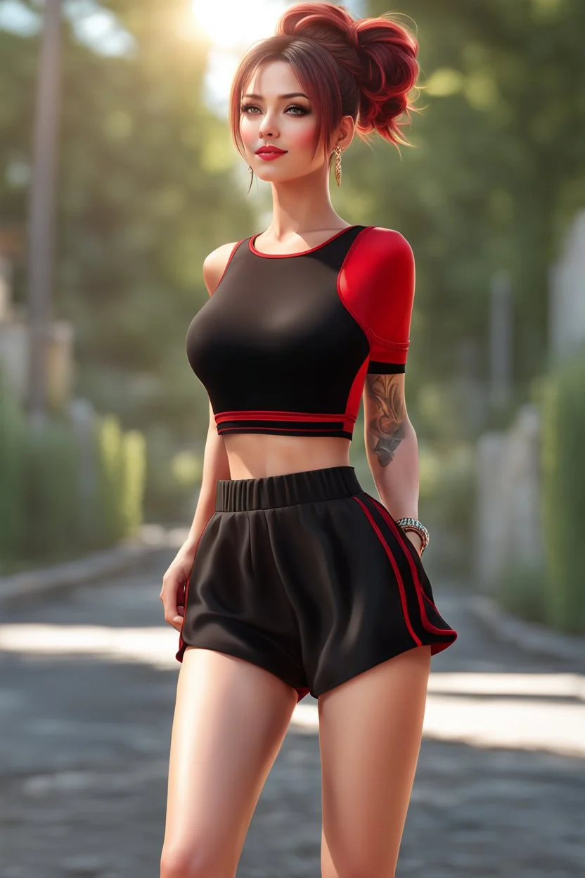 full body ,young woman with clear eyes, messy bun hair, bouncing looking back, soft velvet red/black two piece printed outfit, morning sun, cute, full body, ultra realistic, a variety of small details in the background, hyper realistic, surprised, sweet smile, 8k, HDR, 500px, by Koos Roos