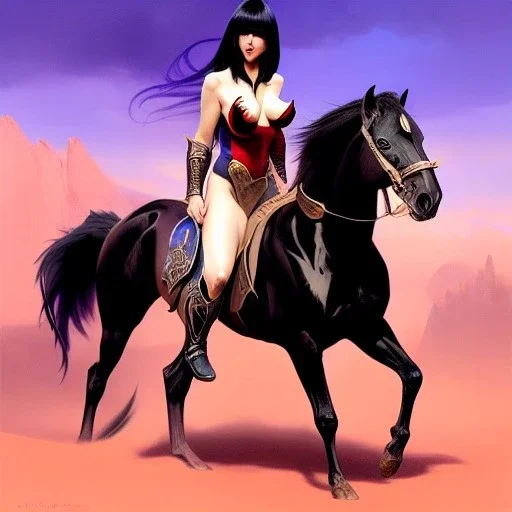 ultra detailed portrait of beautiful Vampirella Riding a black horse,wearing plate armor, extremely detailed digital painting, in the style of Earl Norem and fenghua zhong and ruan jia and jeremy lipking and peter mohrbacher, mystical colors, rim light, beautiful lighting, 8 k, stunning scene, raytracing