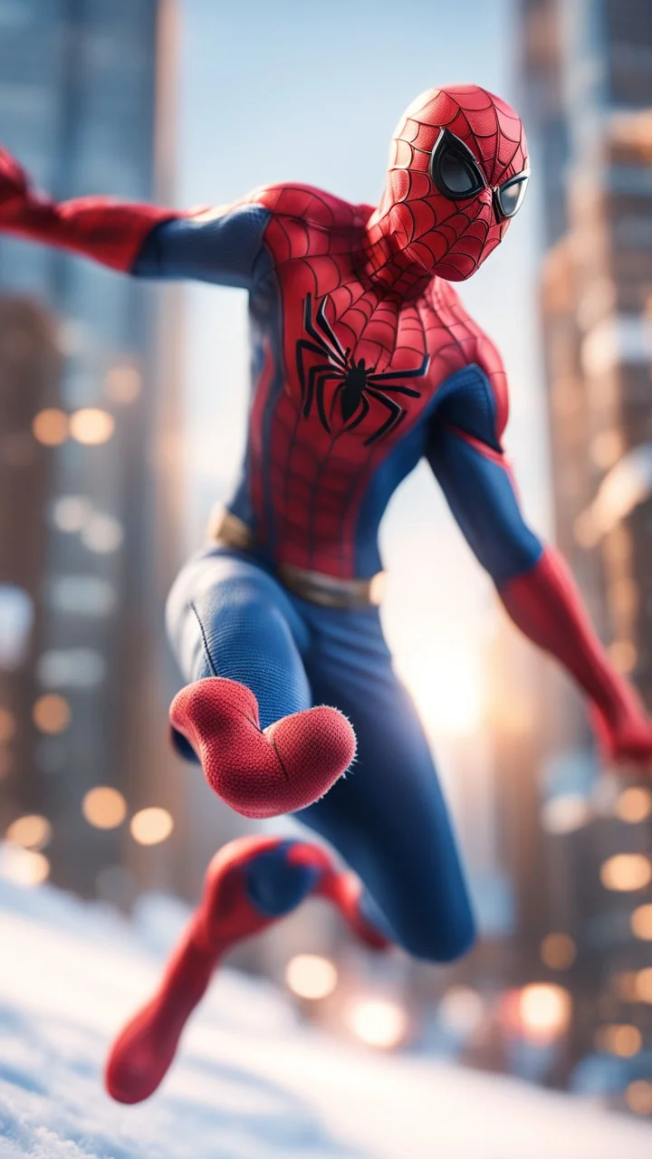 spider man jumping wearing ski and ski mask, bokeh like f/0.8, tilt-shift lens 8k, high detail, smooth render, down-light, unreal engine, prize winning