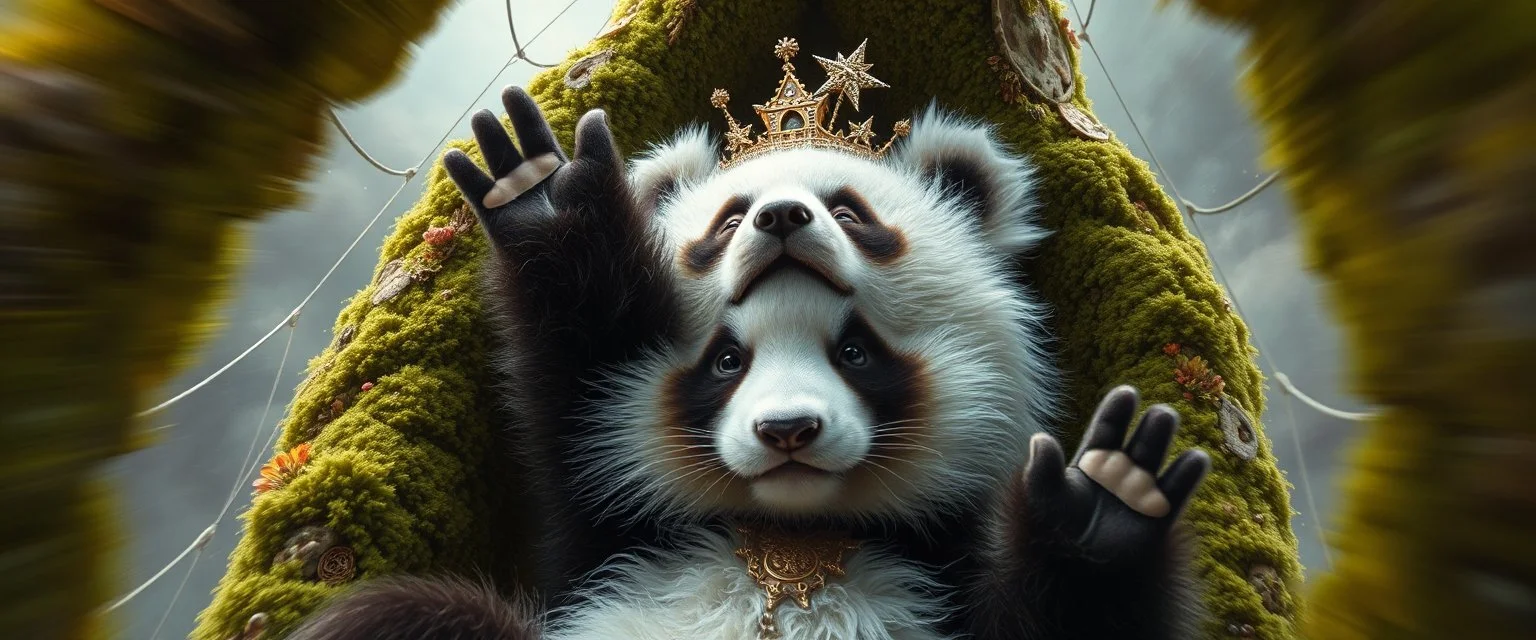 the high speed magical face of a fluffy panda star yoga with charm and head set in web from mossy tower, master oil painting by Rembrandt and Escher, in his moss covered space ship , brightened edges to give a sense of depth, motion blur