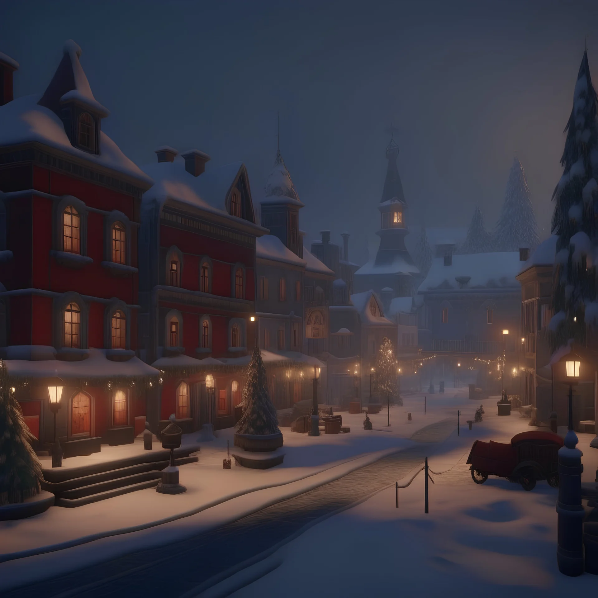 a beautiful town in winter, snowy weather, Christmas Vibes, Christmas decorations, sharp focus, highly detailed, cinematic lighting, studio quality, smooth render, unreal engine 5 rendered, octane, rendered