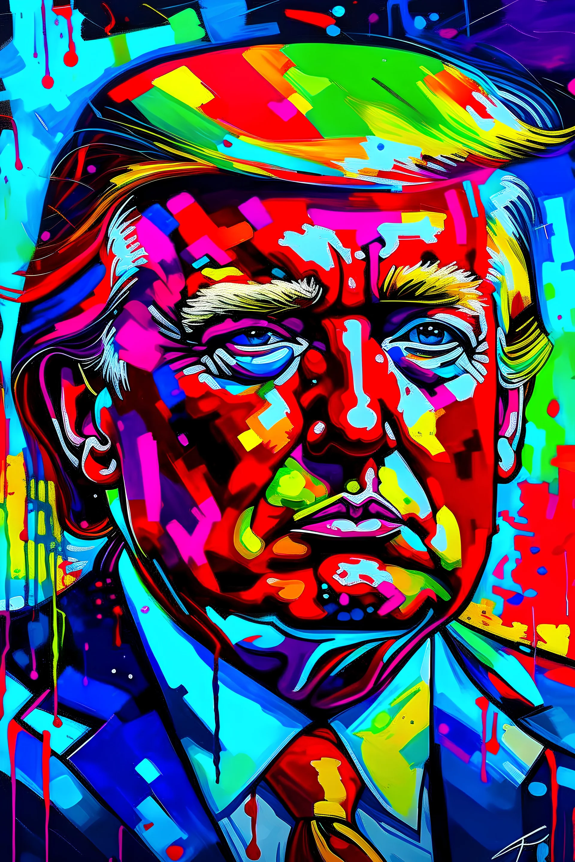 Capture the essence of power and controversy in a striking portrayal of Donald Trump. Explore the complexities of his character, from his iconic hair to his commanding presence. Show us the man behind the headlines, using bold colors and dynamic composition to evoke the energy and intensity of his persona. Let your creativity soar as you paint a vivid portrait of this polarizing figure."