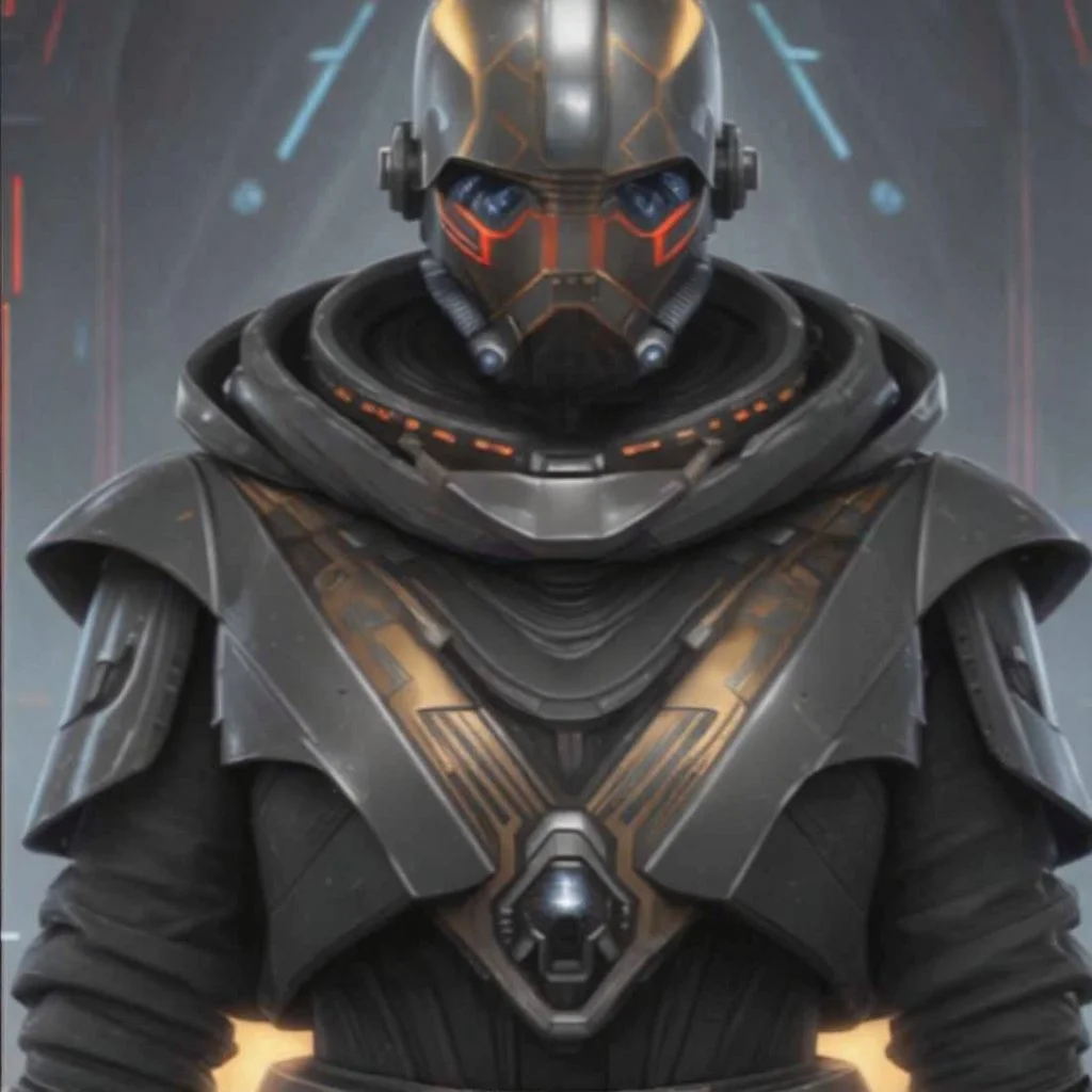 star wars bald male corellian pilot wearing pearlescent black and gunmetal grey First Order special forces heavy assault armor and helmet with gold trim inside the jedi temple, centered portrait, hyperdetailed, dynamic lighting, hyperdetailed background, 8k resolution, volumetric lighting, light skin, fully symmetric details