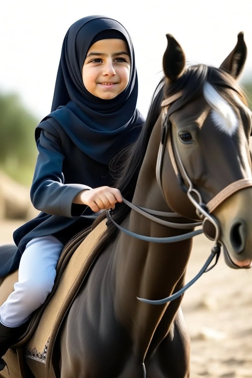 Young girl wearing hijab riding horse