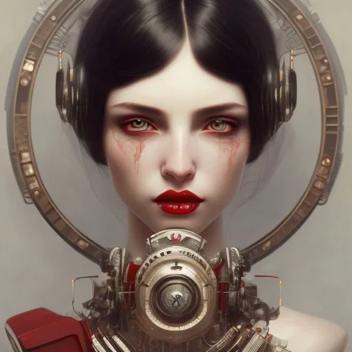 girl, cute, beautiful, white eyes, red lips, black hair with bangs, steam punk, close up portrait by Greg Rutkowski